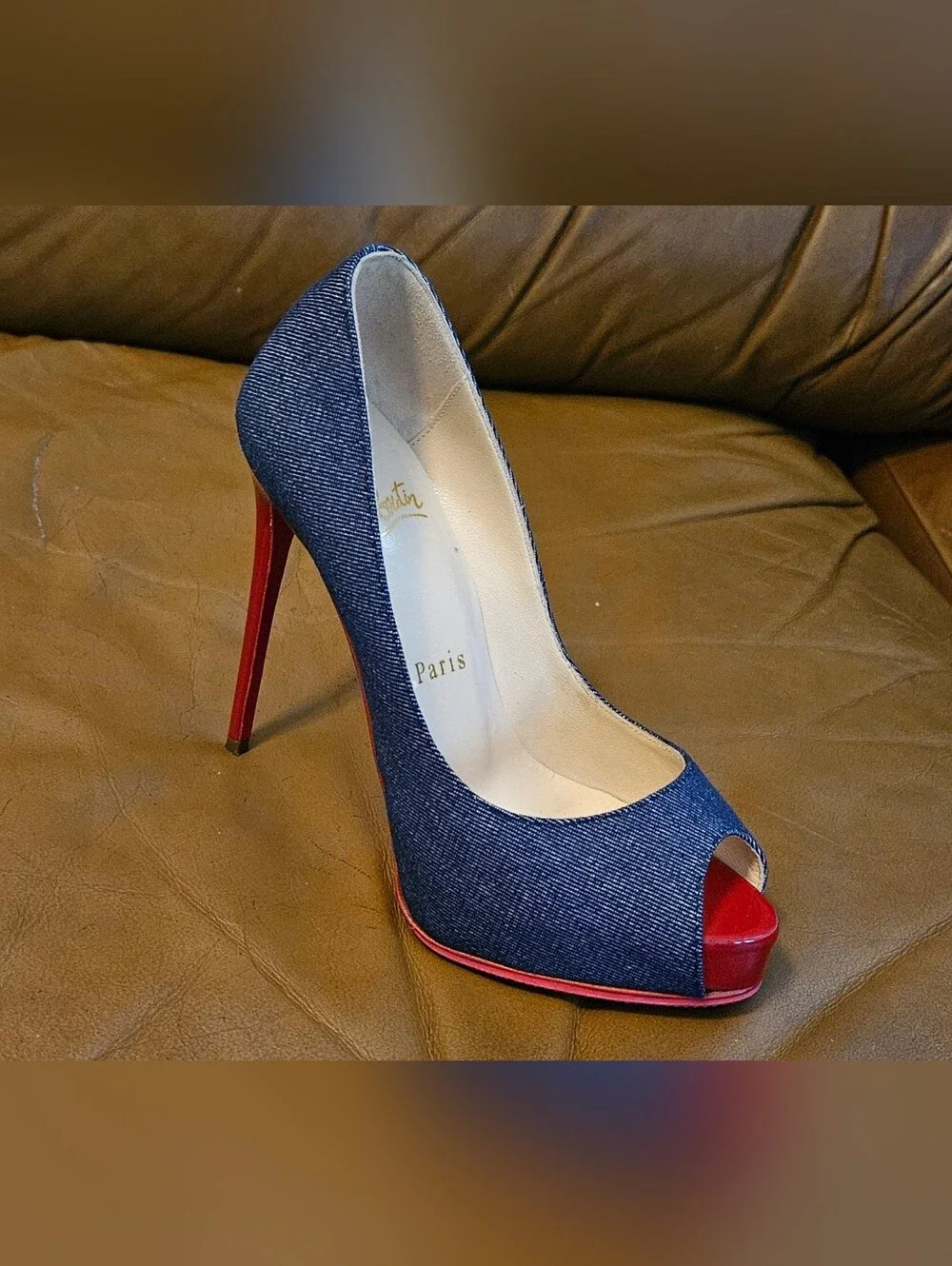 Christian Louboutin Denim Peep-Toe Platform Pump Heels Size 4 US